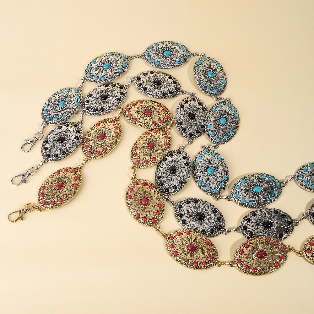 Intricate Stone Studs Oval Concho Chain Belt