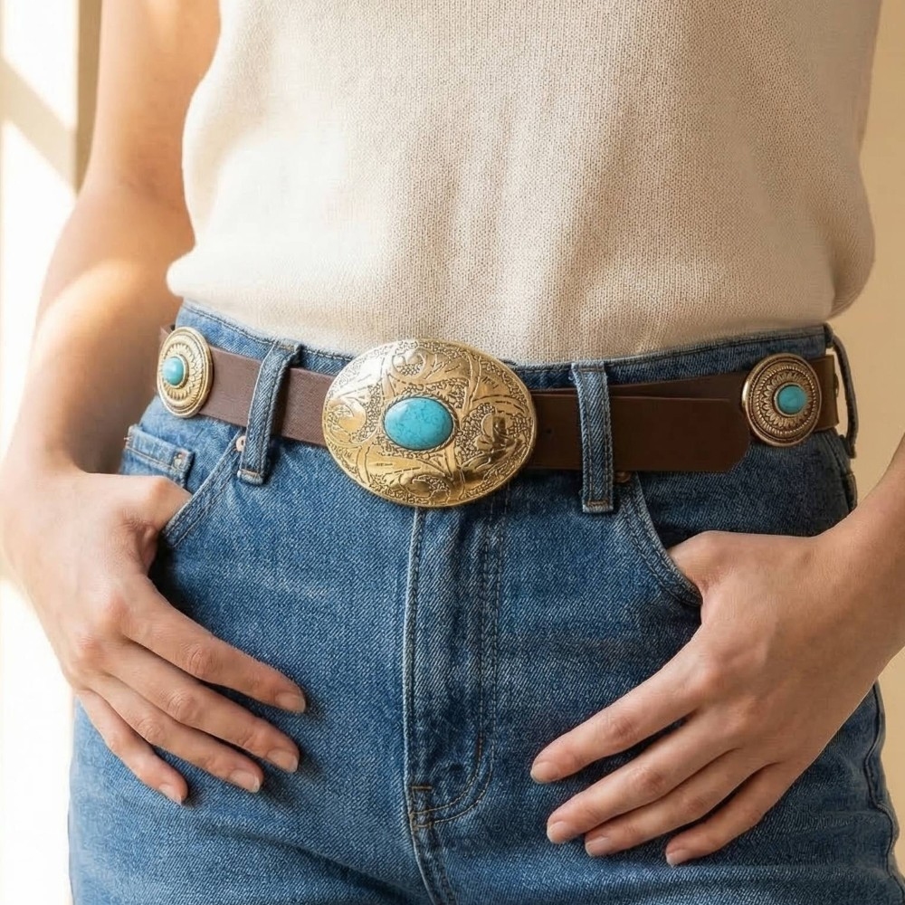 Western Oval Concho With Turquoise Stone Leather Belt
