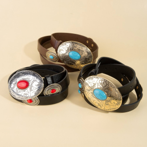 Western Oval Concho With Turquoise Stone Vegan Leather Belt