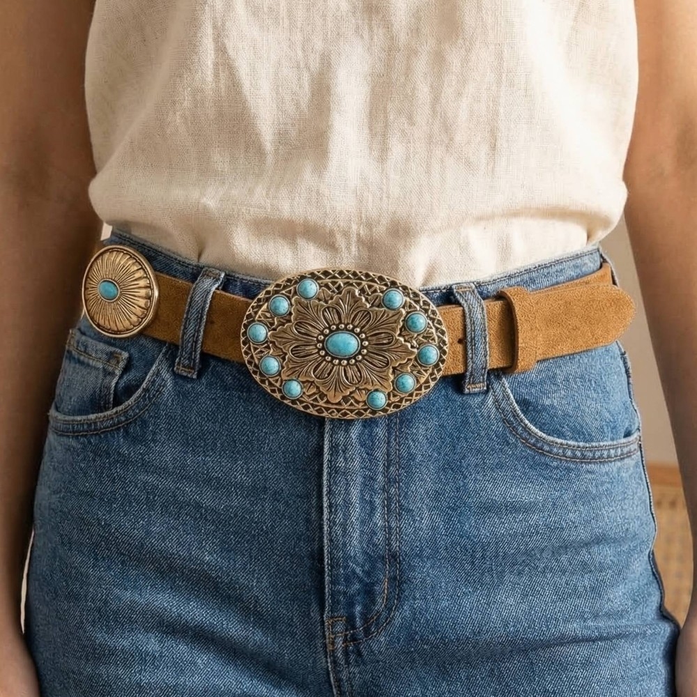 Western Oval Concho Detail Leather Belt