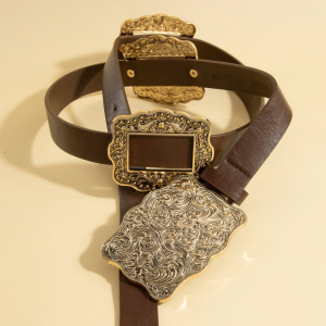 Western Rectangle Embroidered Concho Buckle Vegan Leather Belt