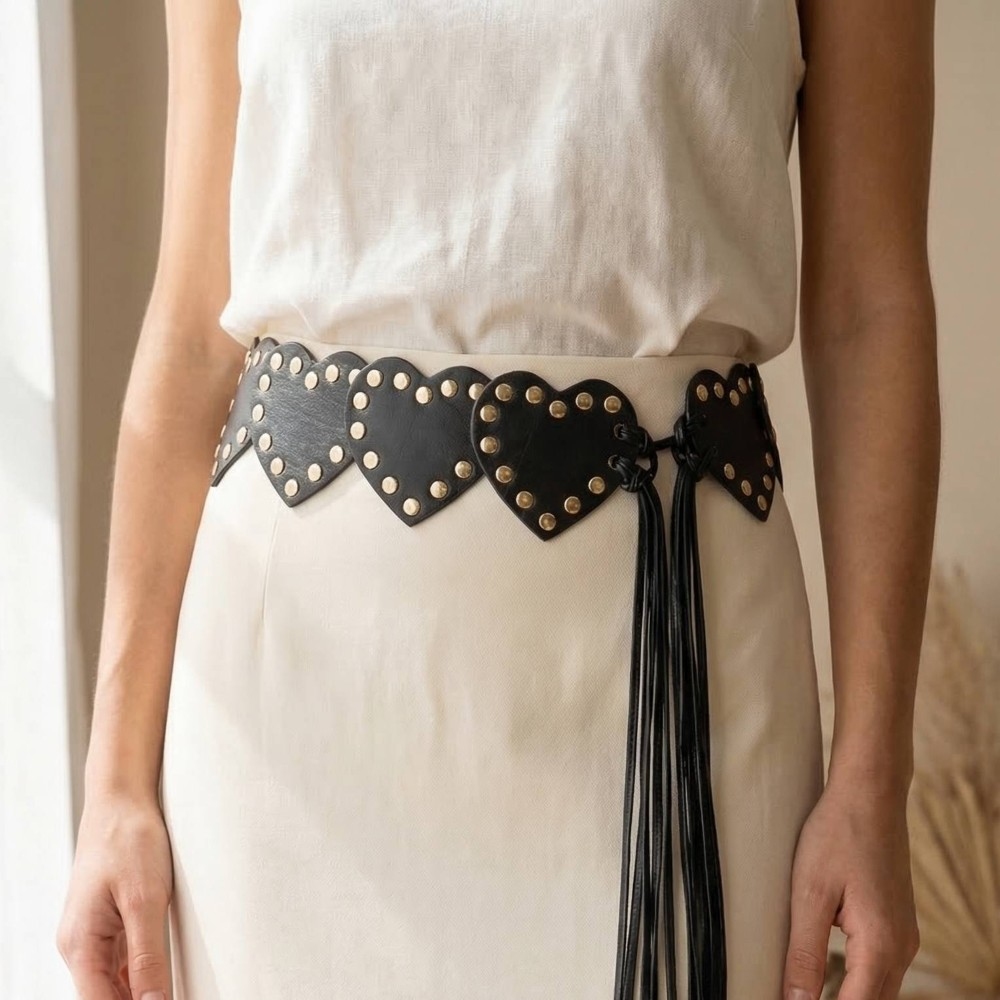 Leather Heart Studded Trim Belt