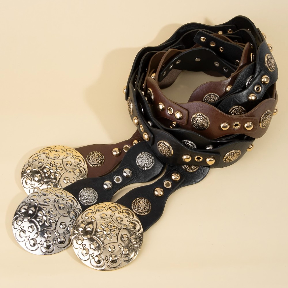 Ornate Concho Disc Buckle Vegan Leather Belt