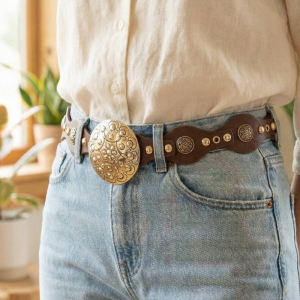 Ornate Concho Disc Buckle Vegan Leather Belt
