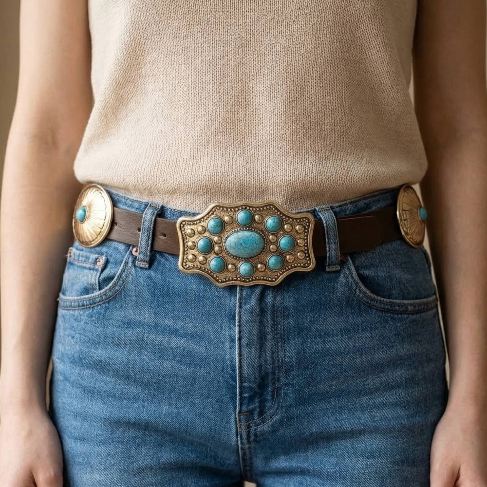 Assorted Western Concho Turquoise Stone Faux Leather Belt