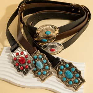 Assorted Western Concho Turquoise Stone Vegan Leather Belt