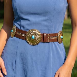 Western Circle Concho Double Row Vegan Leather Belt