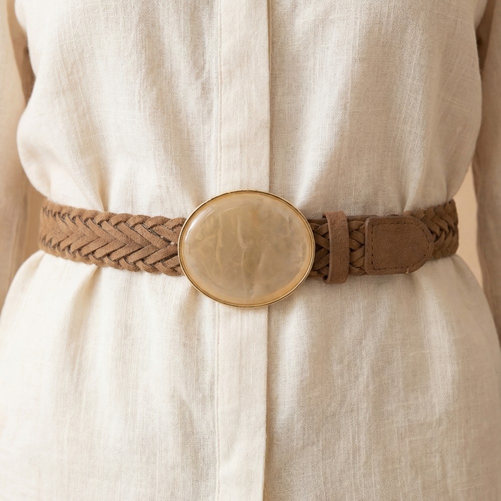 Round Buckle Vegan Leather Braided Belt