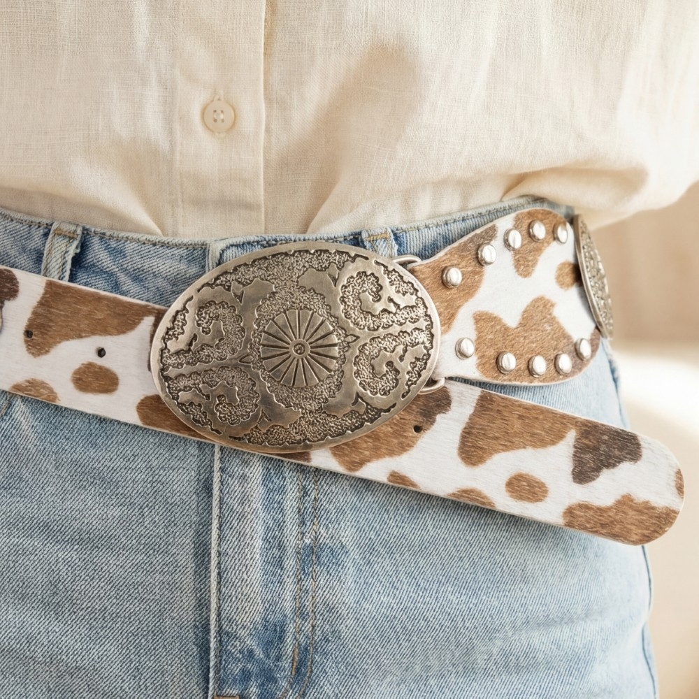 Western Oval Concho Studded Trim Vegan Leather Belt