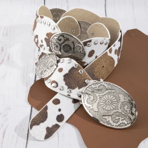 Studded Cow Print Concho Buckle Western Belt