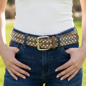 Studded Western Belt With Turquoise And Pearl