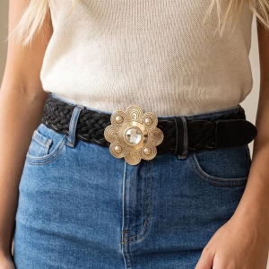 Woven Braided Belt With Crystal Flower Buckle