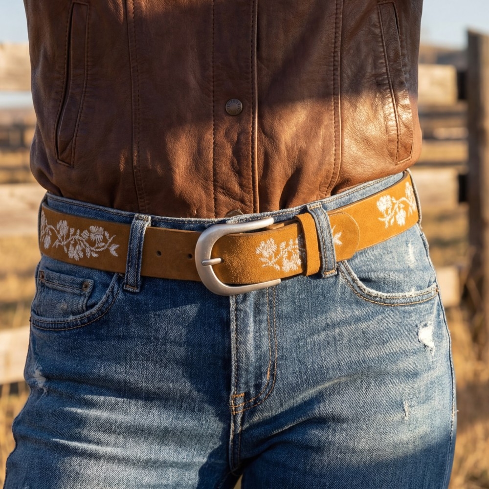 Embroidered Flower Vine Print Vegan Leather Belt