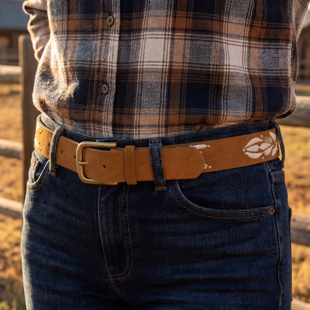 Embroidered Floral Print Vegan Leather Belt