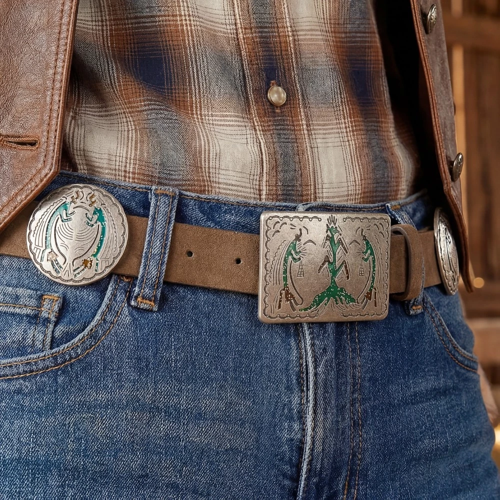 Western Style Square Buckle Vegan Leather Belt