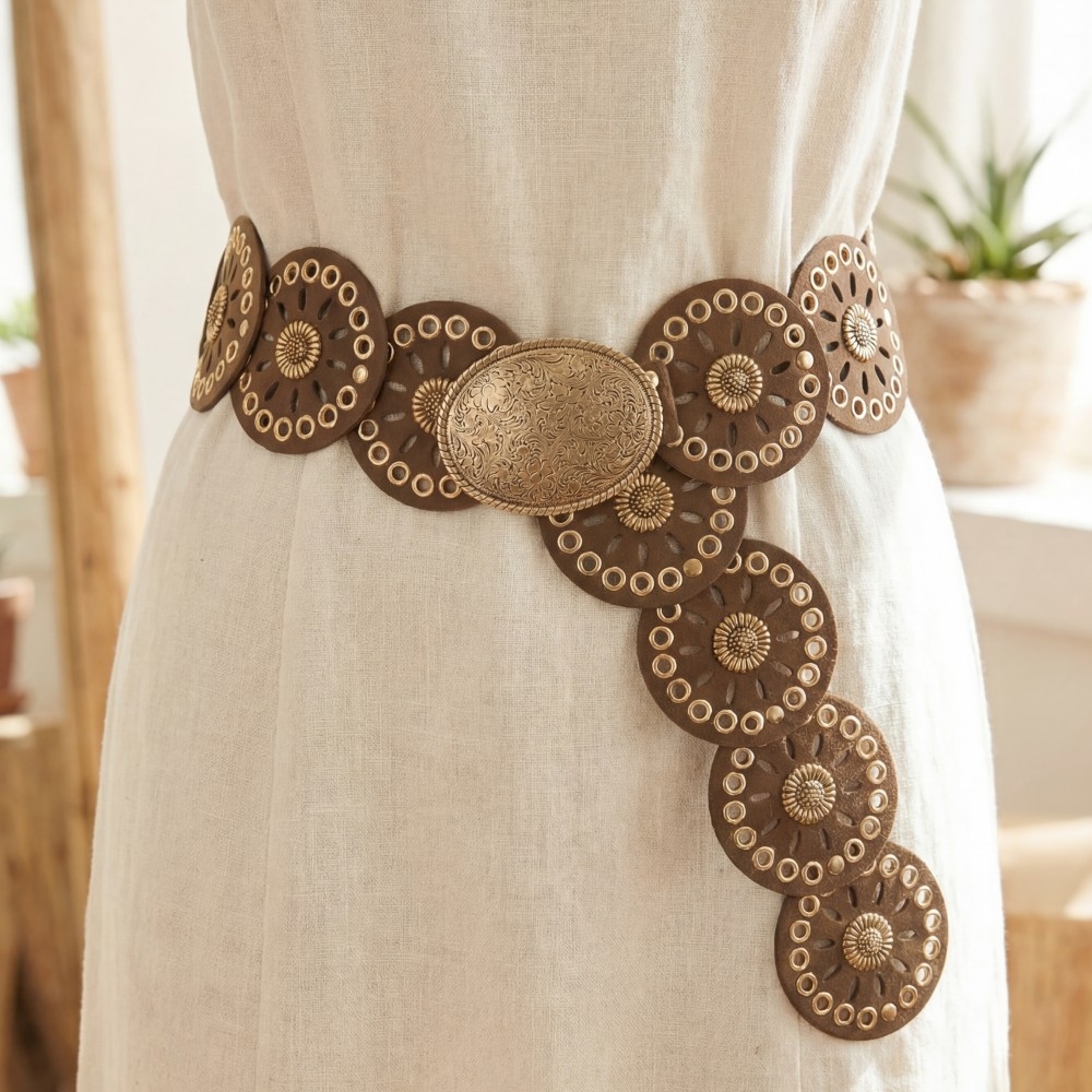 Western Concho Disc Oval Buckle Belt