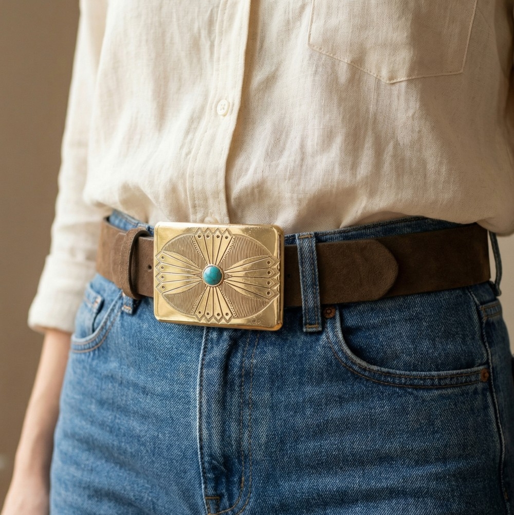 Western Cowboy Rectangle Buckle Vegan Leather Belt