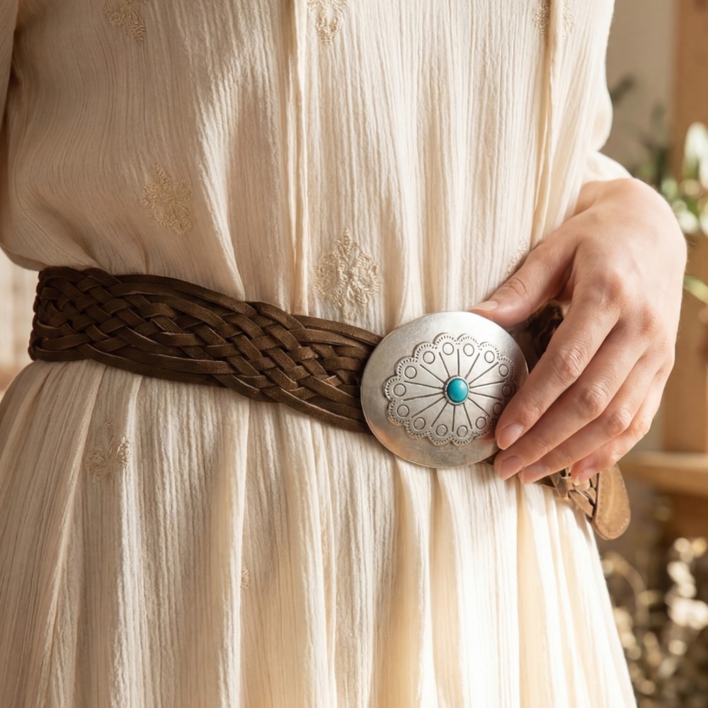 Western Braided Concho Buckle Vegan Leather Belt