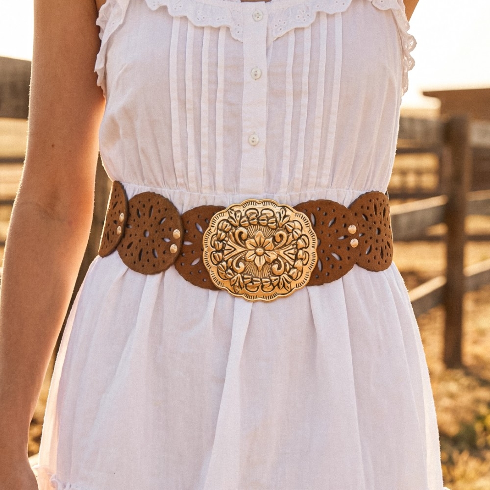 Embroidered Floral Buckle Vegan Leather Belt