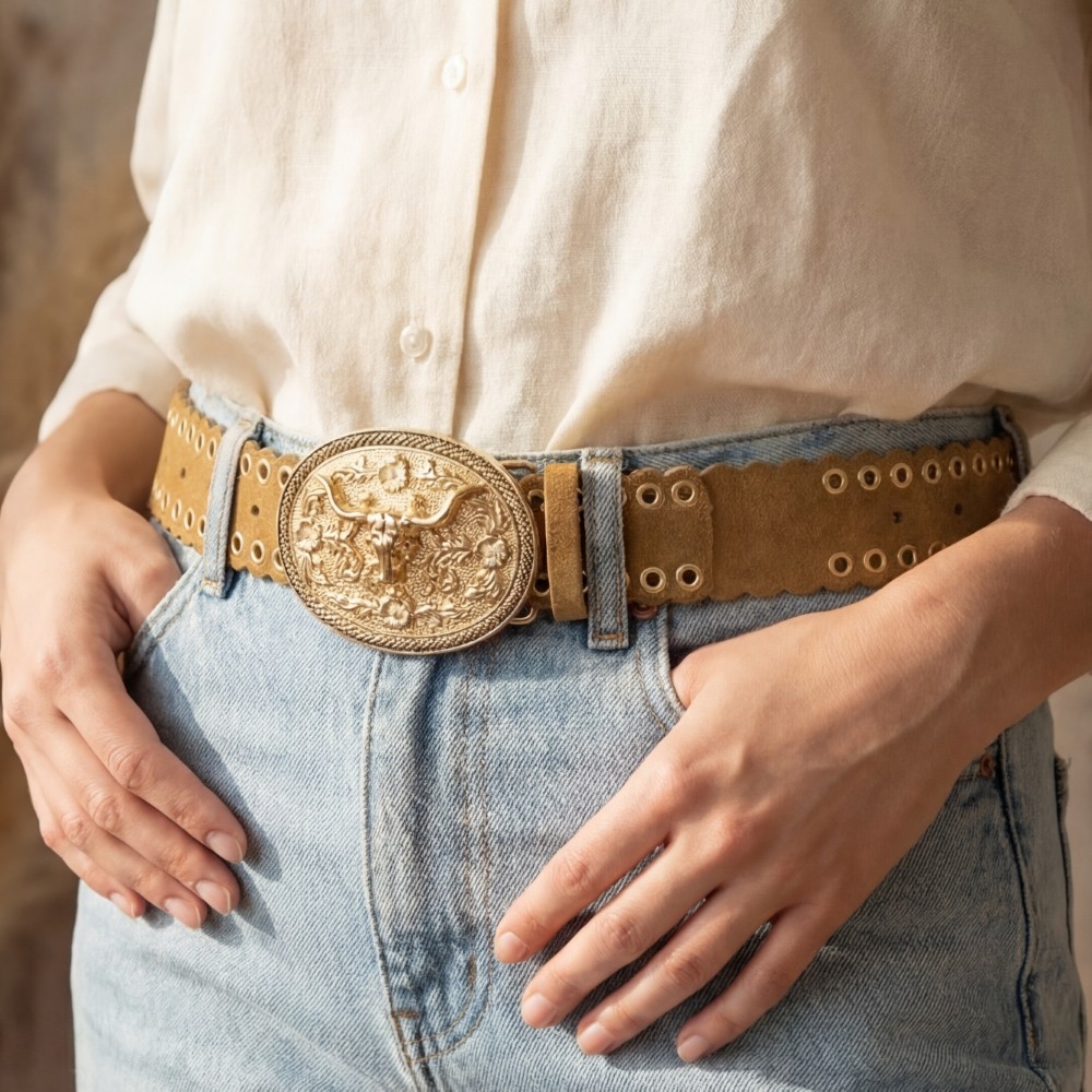 Western Grommet Oval Longhorn Buckle Vegan Leather Belt