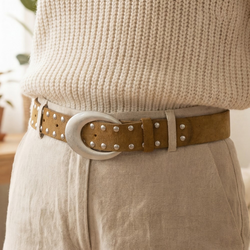 Double Studded Trim Vegan Leather Belt