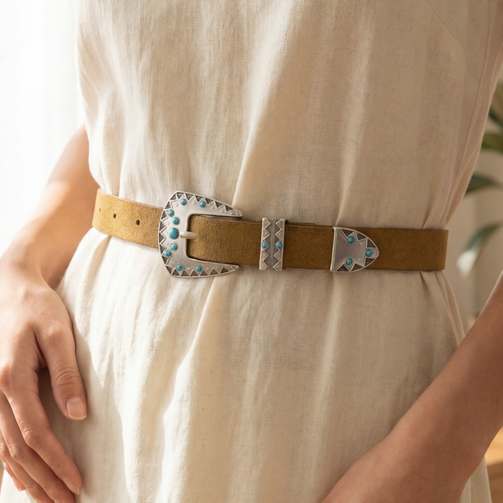Western Embroidered Buckle Vegan Leather Belt