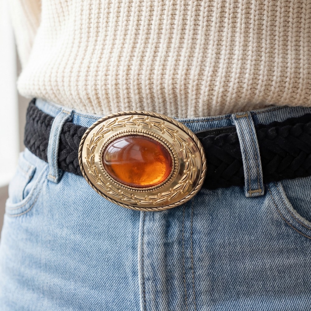 Oval Shaped Buckle Vegan Leather Braided Belt