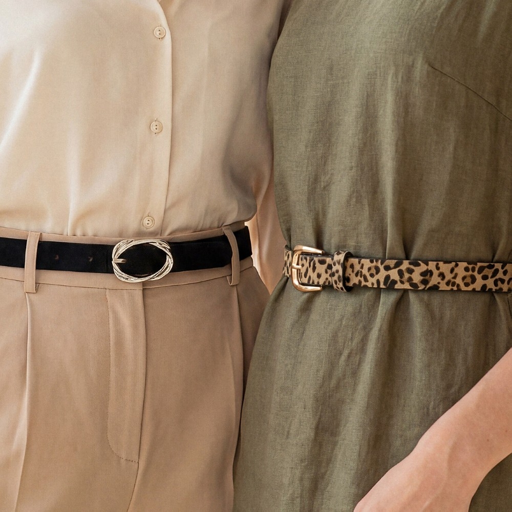 Two Piece Black And Leopard Print Vegan Leather Belt Set