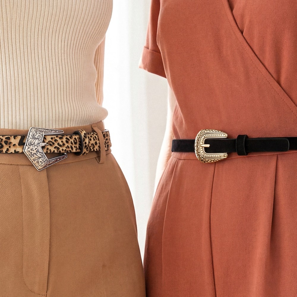 Vegan Leather Black And Leopard Embroidered Buckle Belt Set