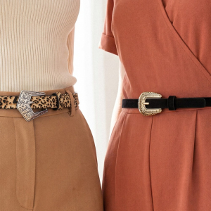 Vegan Leather Black And Leopard Embroidered Buckle Belt Set