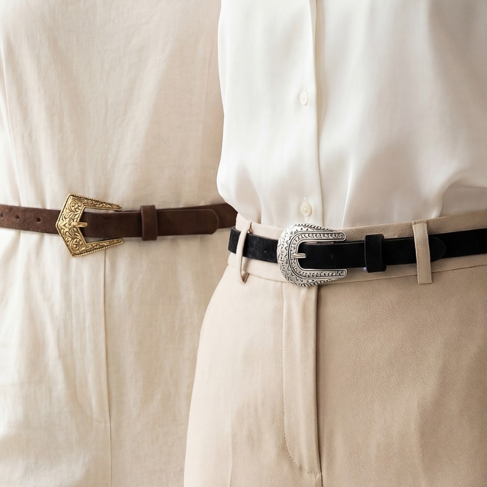 Embroidered Buckle Black And Brown Vegan Leather Belt Set