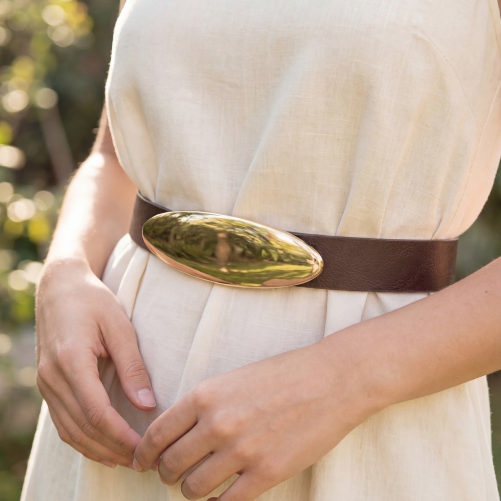 Vegan Leather Oval Long Plate Buckle Belt