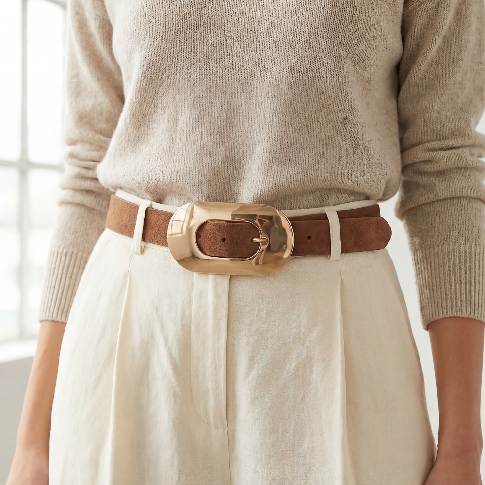 Long Oval Buckle Vegan Leather Belt