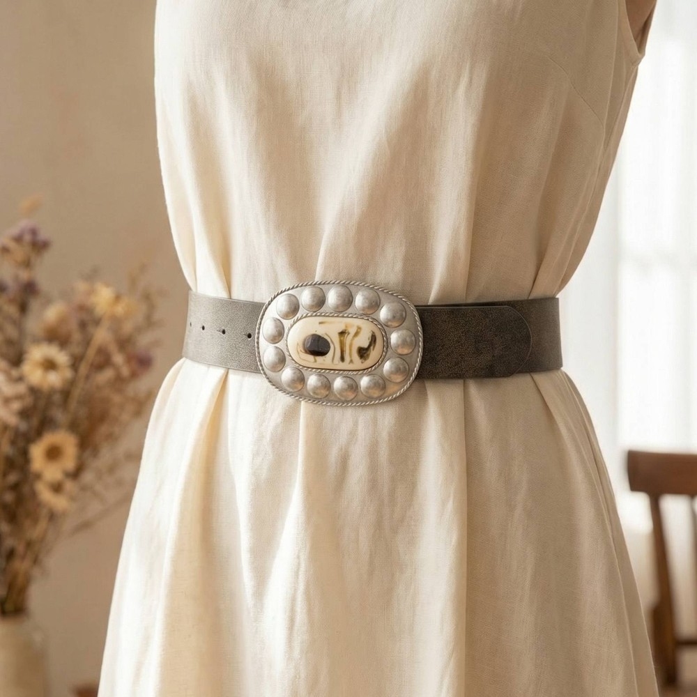 Oval Metal Buckle Vegan Leather Belt