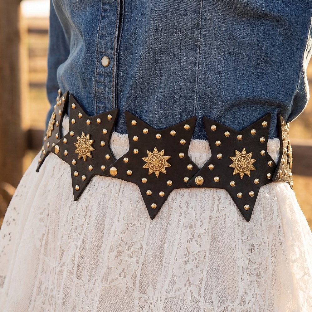 Studded Stars Western Link Vegan Leather Belt
