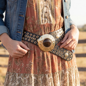 Hammered Circle Buckle Studded Vegan Leather Belt
