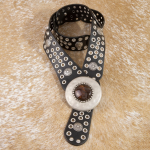 Hammered Circle Buckle Studded Vegan Leather Belt