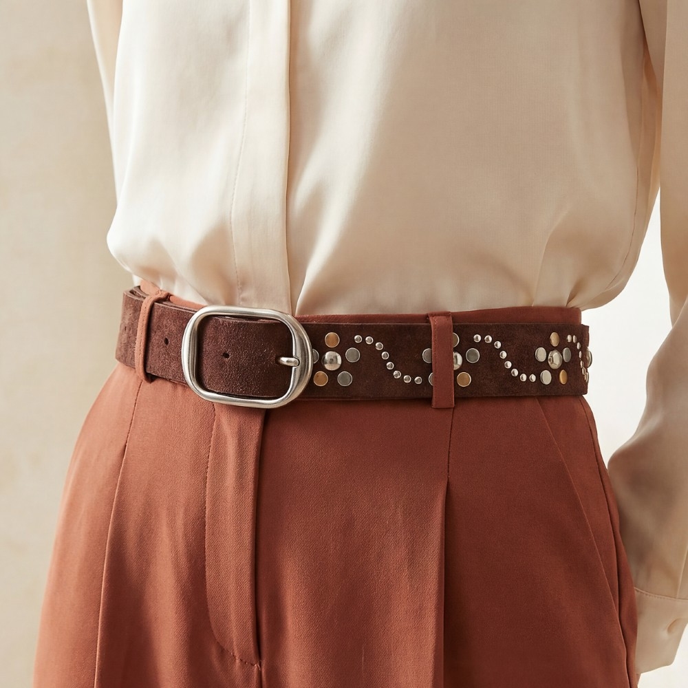 Floral Studded Detail Vegan Leather Belt