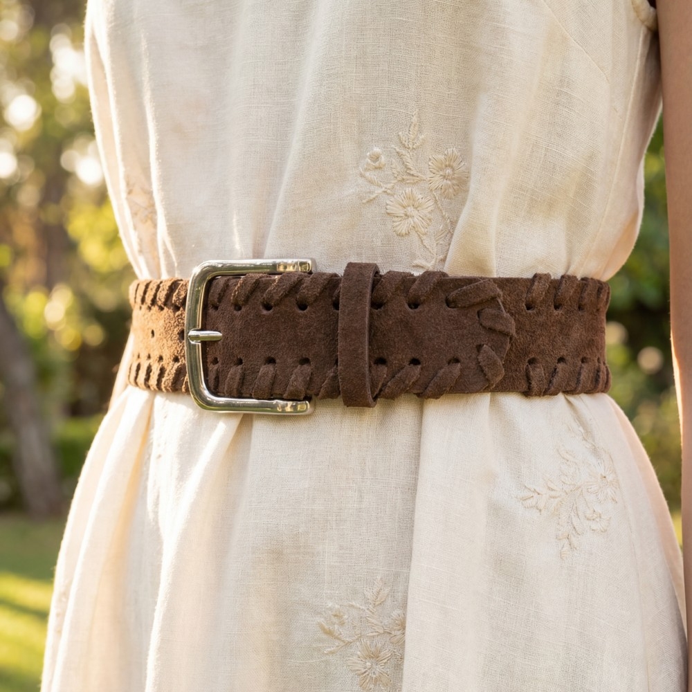 Wide Vegan Leather Whipstitch Edge Belt