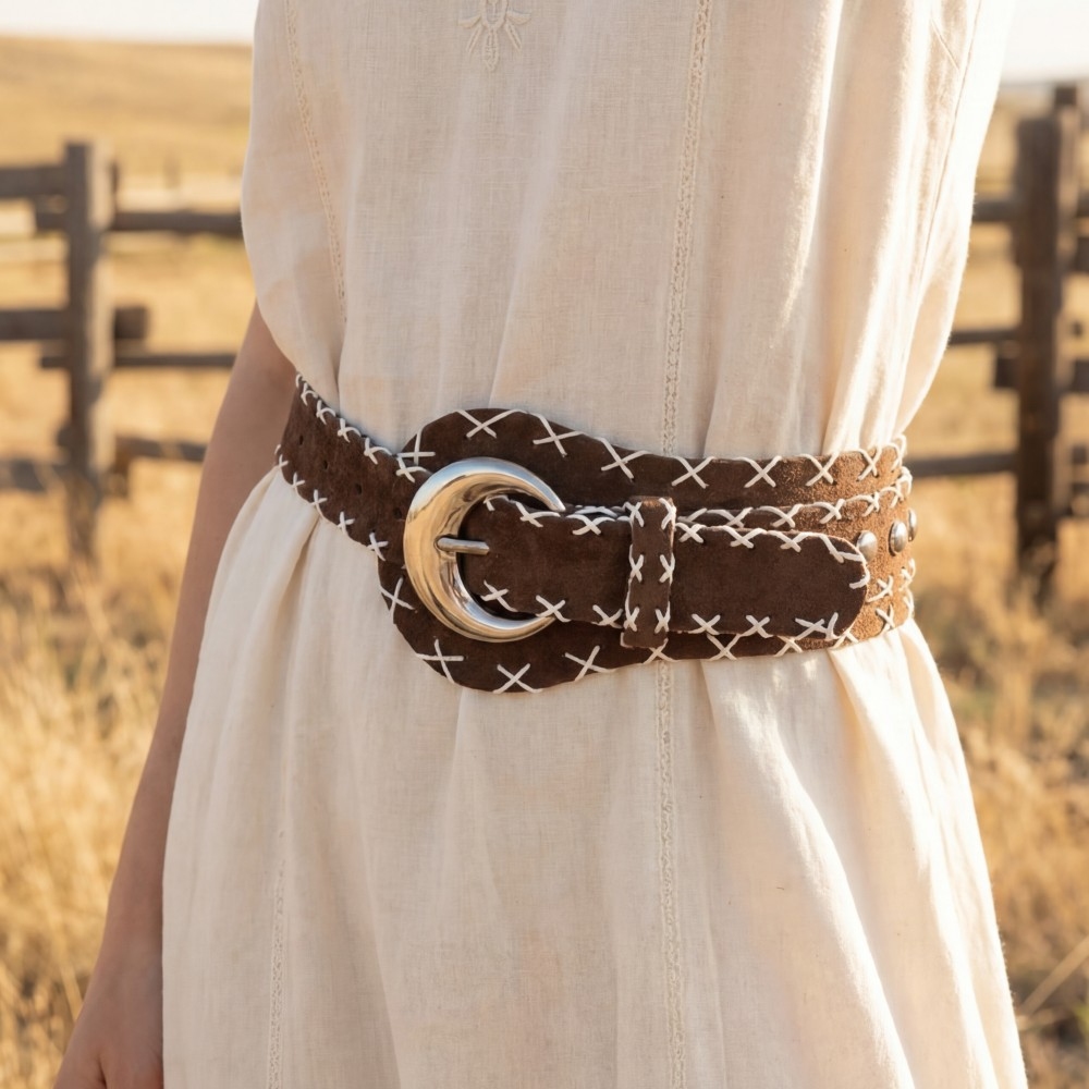 Cross Stitch Trim Vegan Leather Belt