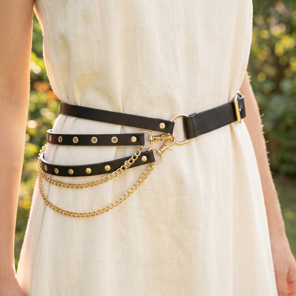 Studded Vegan Leather With Chain Drape Belt