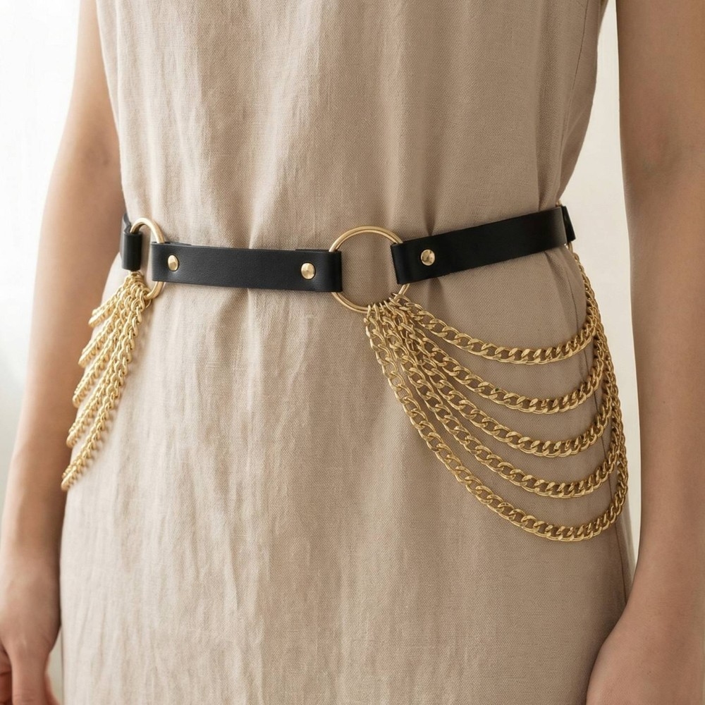 Multi Layered Chain Waist Vegan Leather Belt