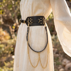 Wide Studded Vegan Leather With Chain Drape Belt