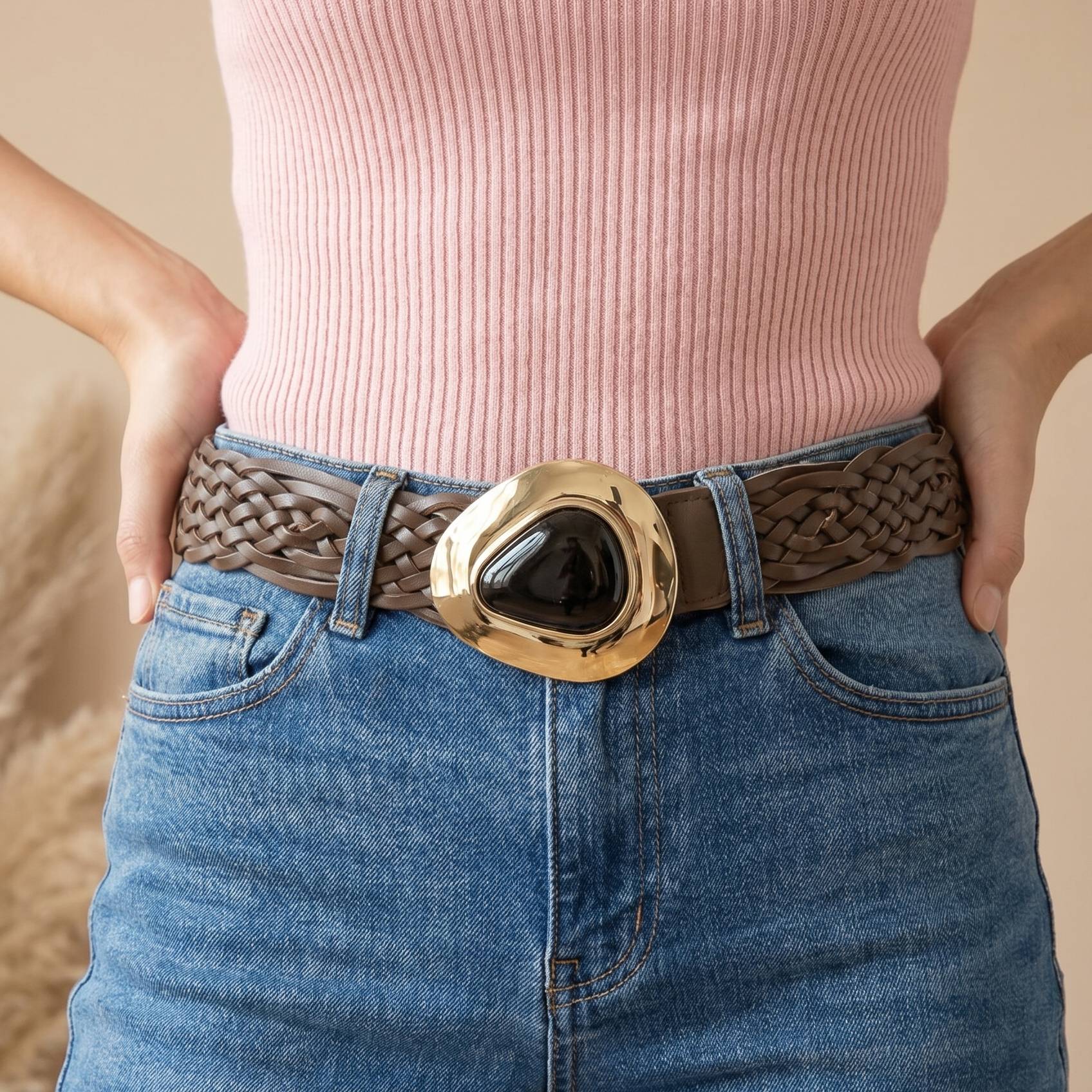 Woven Vegan Leather Belt With Stone Buckle