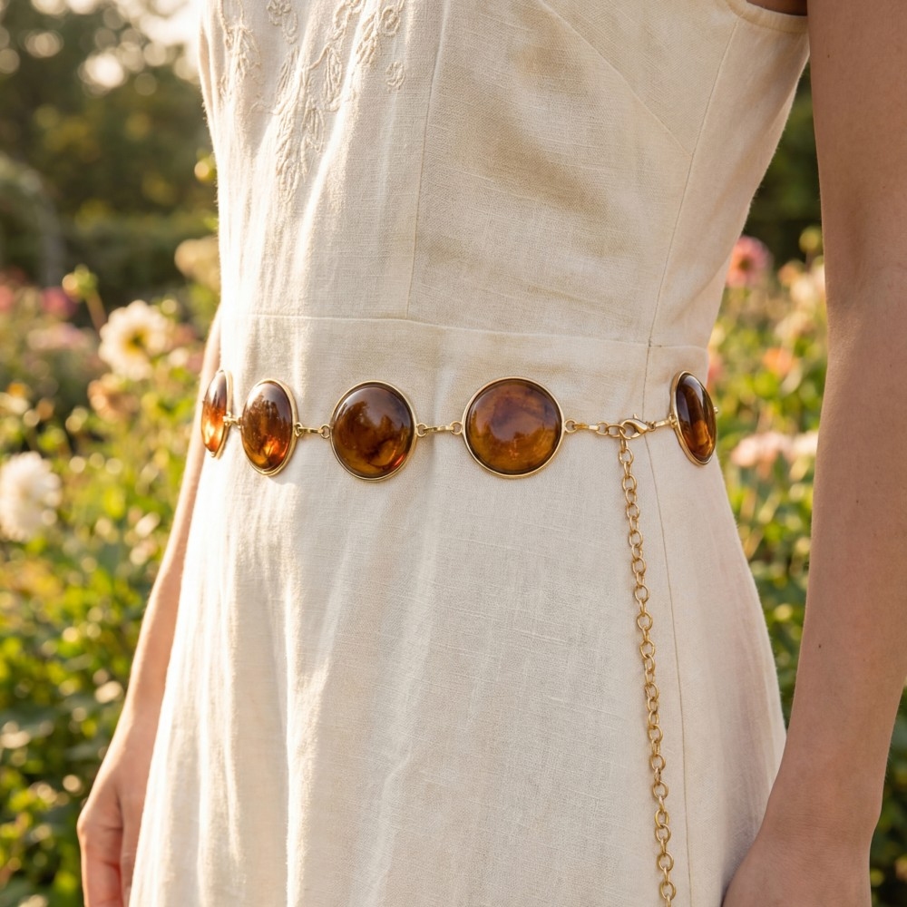 Round Stone Gold Frame Chain Belt