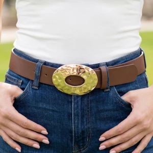 Vegan Leather Hammered Oval Buckle Belt