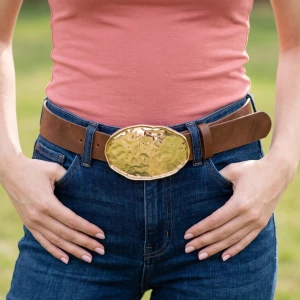 Vegan Leather Belt With Hammered Oval Buckle