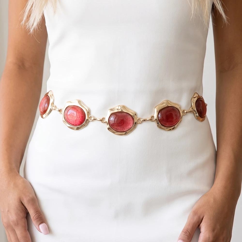 Glossy Oval Cabochon Stone Chain Belt