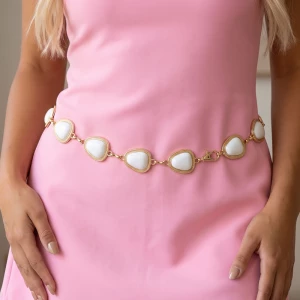 Pebble Cabochon Link Chain Belt With Beaded Frames