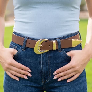 Vegan Leather Belt With Angular Geometric Buckle